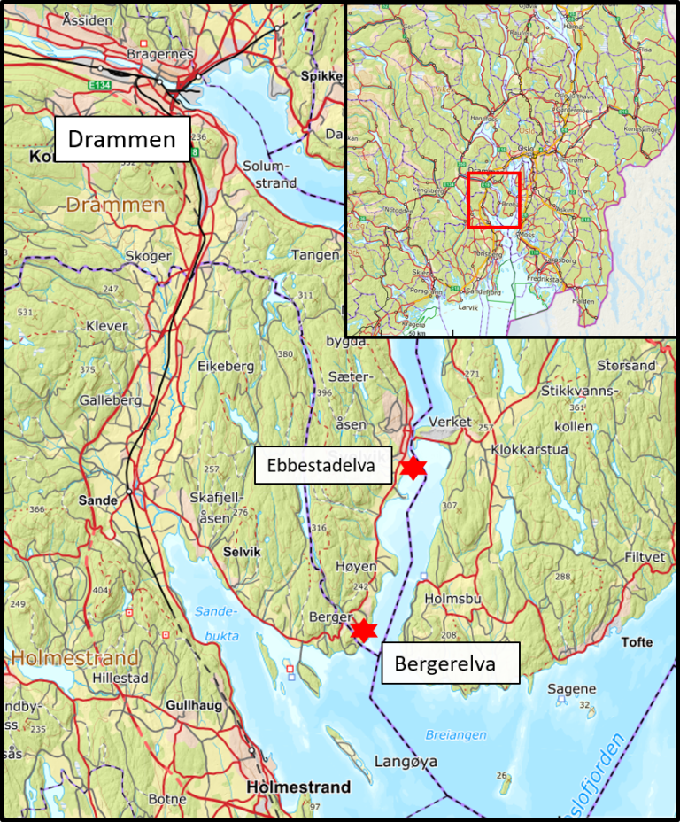 Kart over Drammensvassdraget