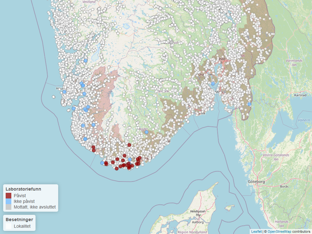 Kart av påvisninger av blåtunge hos sau i Norge