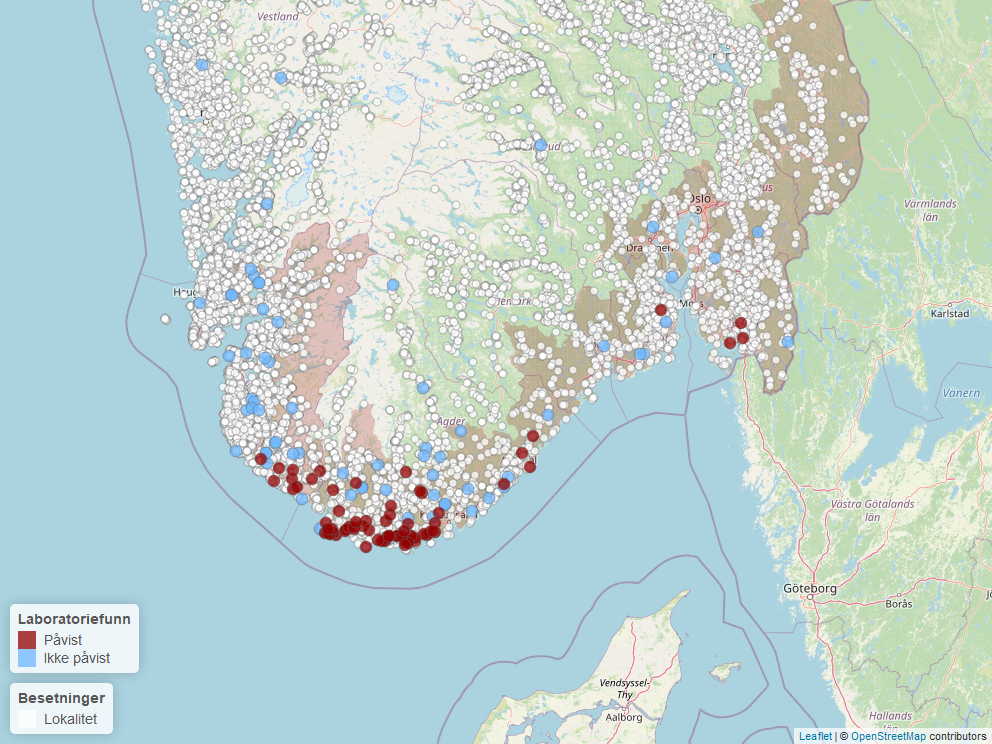 Kart av påvisninger av blåtunge hos sau i Norge